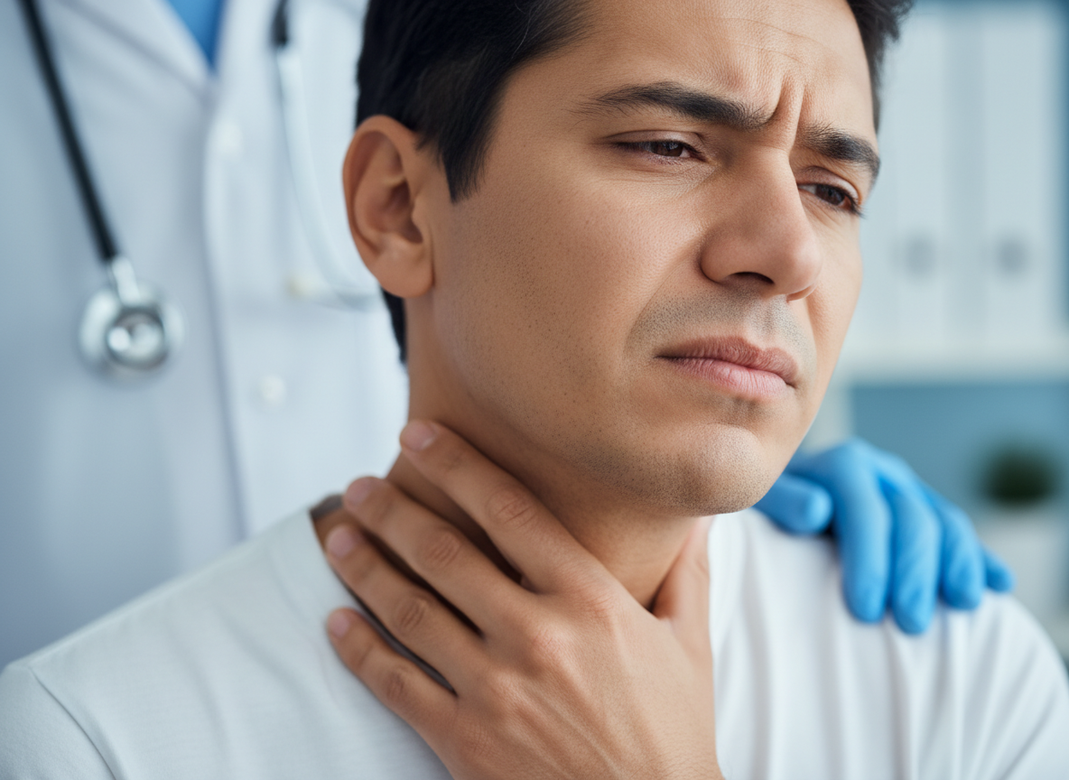 Person gently touching their neck indicating discomfort after an auto accident