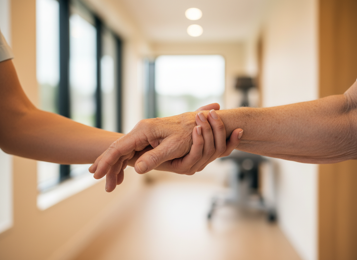 Hand gently helping an older adult to stand implying support after a fall