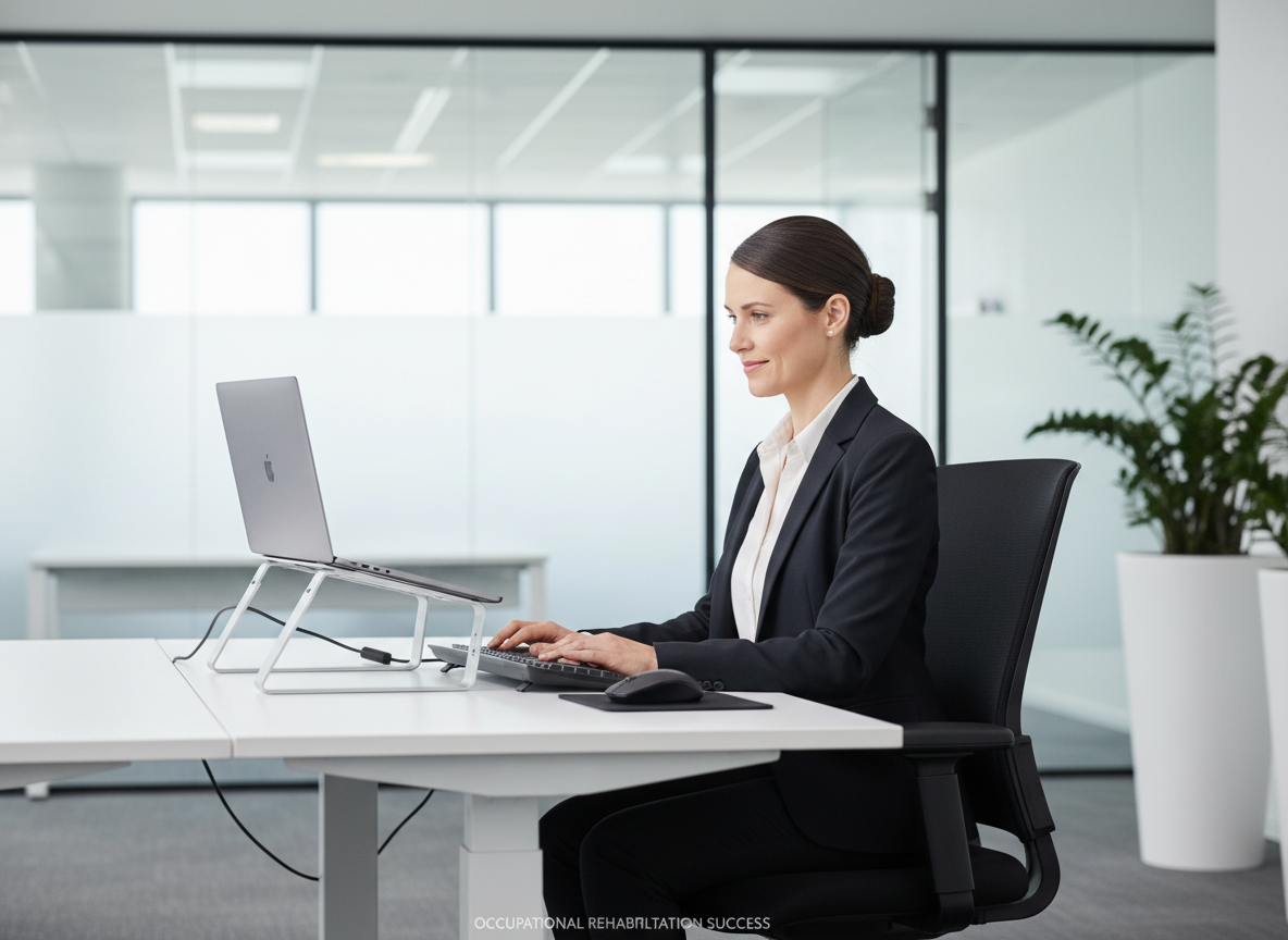 Person carefully performing light office work implying recovery and return to work